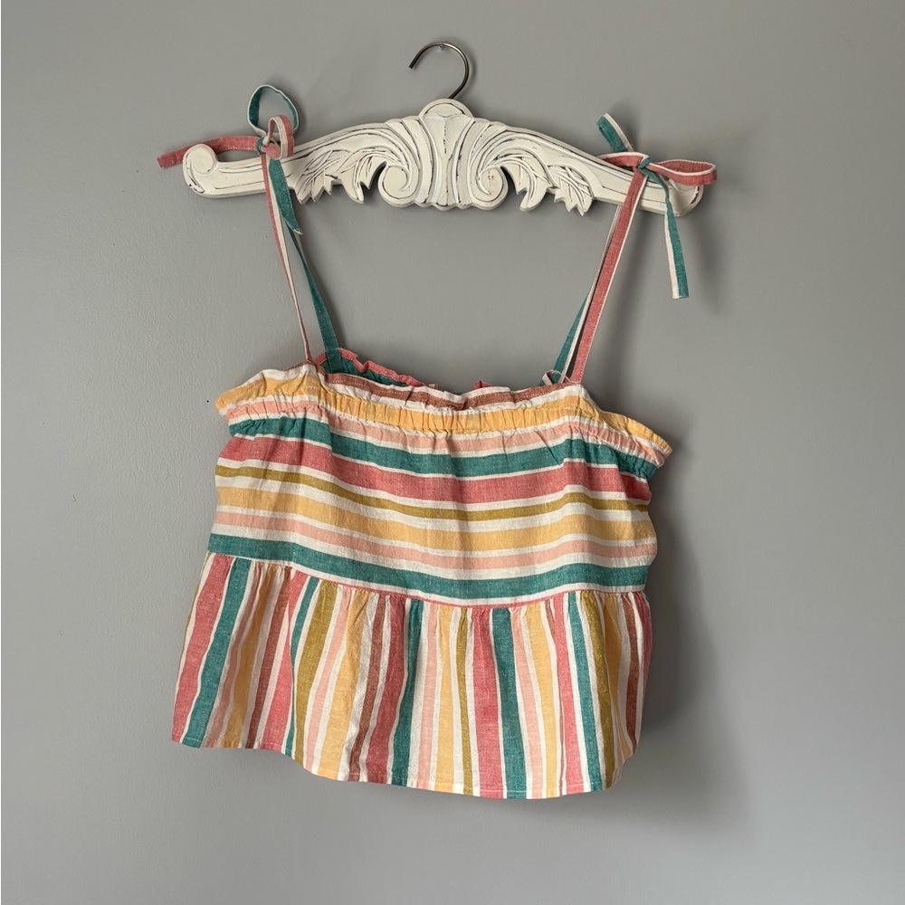 Frilly Summer Striped Linen Blend Tie-Strap Top in Mauve, Teal & Mustard by Roxy